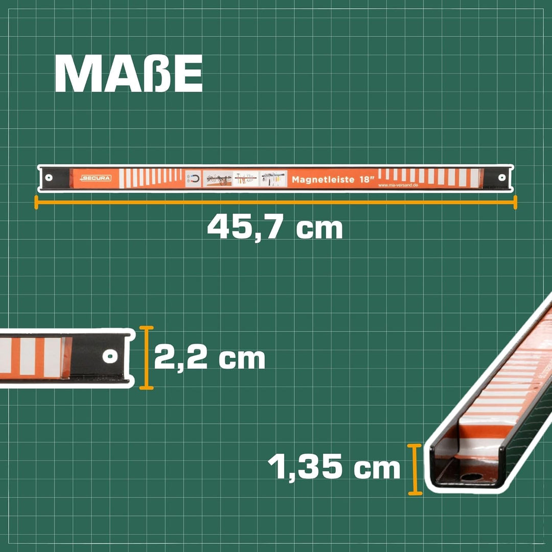 SECURA Magnetleiste Werkzeug Aufbewahrung 6 Stück je 45,7cm mit 6 KG Tragkraft Ordnungssystem Wand H