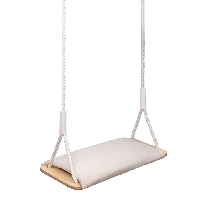 MAMOI® Holzschaukel mit Velvet-Kissen, Holzsitz für den Innen- und Aussenbereich, verstellbare Baumw