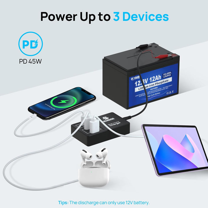 DCHOUSE 12V Lithium Batterie Ladegerät Adapter Konverter, DC zu Typ-C & USB,Bidirektionales Laden un