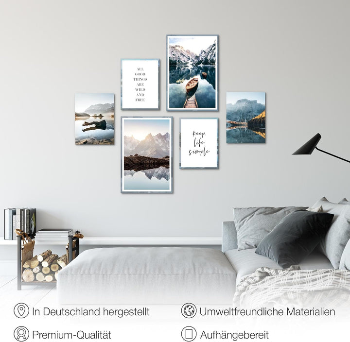 Novart Wandbilder Set Berge und See Natur - KEIN EXTRA RAHMEN BENÖTIGT - Modern Deko - Wohnzimmer Sc