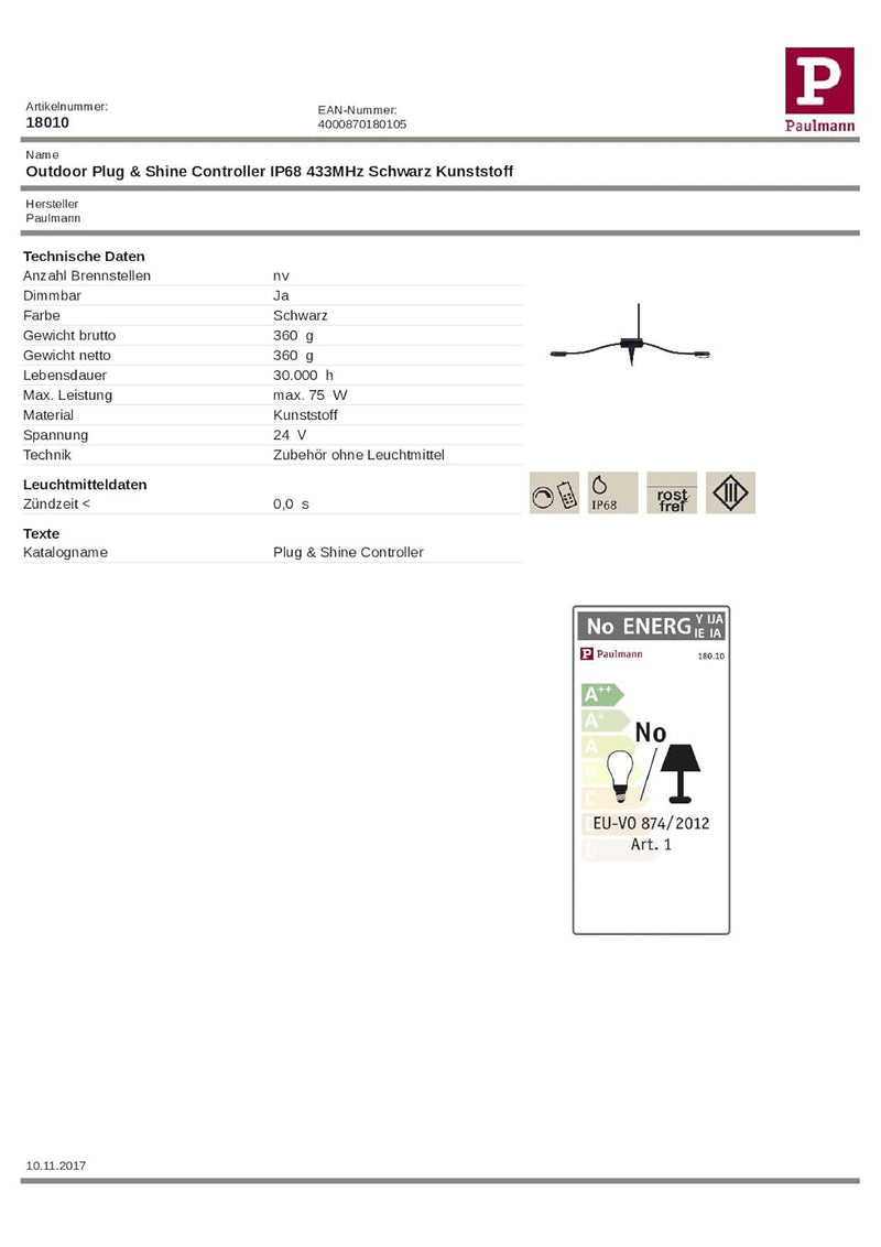 Paulmann 180.10 Outdoor Plug & Shine Controller IP68 Aussenleuchten Zubehör 433 Mhz-controller Exten