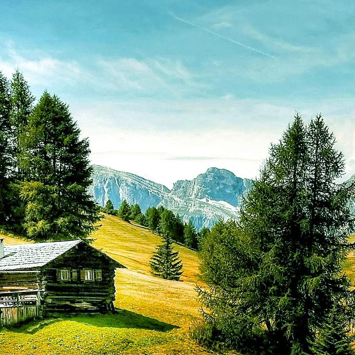 Feeby Bilder Berge 150x100 cm - Leinwandbild 5 Teilig XXL Kunstdruck Hütte Bäume grün Leinwandbild X