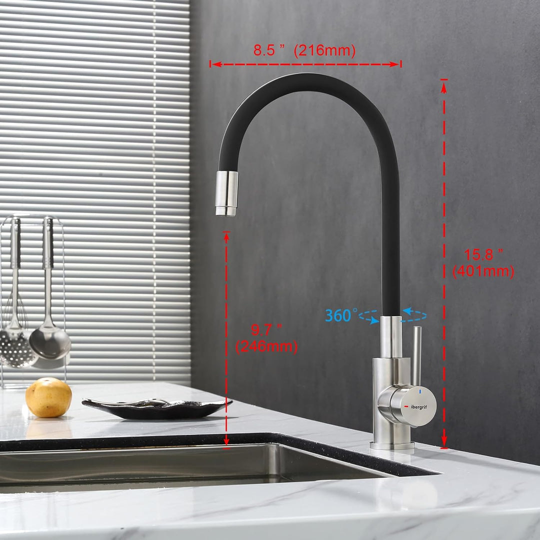 Ibergrif, Einhebel Küchenarmatur, Wasserhahn für Küche mit Schwarz Flexibler Auslauf, Supersteel, Sc