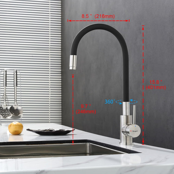 Ibergrif, Einhebel Küchenarmatur, Wasserhahn für Küche mit Schwarz Flexibler Auslauf, Supersteel, Sc