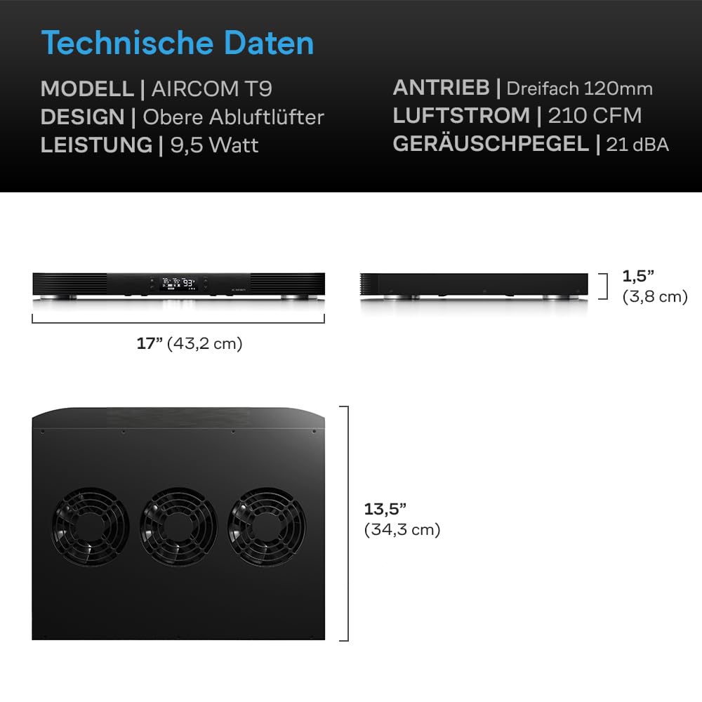AC Infinity AIRCOM T9, leises Kühlgebläse 43cm für Receiver, Verstärker, DVR, AV Cabinet Komponenten