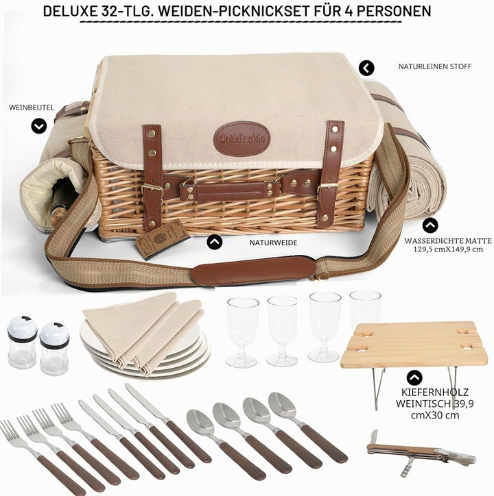 Multifunktionales Picknickkorb-Set aus Weidengeflecht für 4 Personen mit Decke und Picknicktisch, is