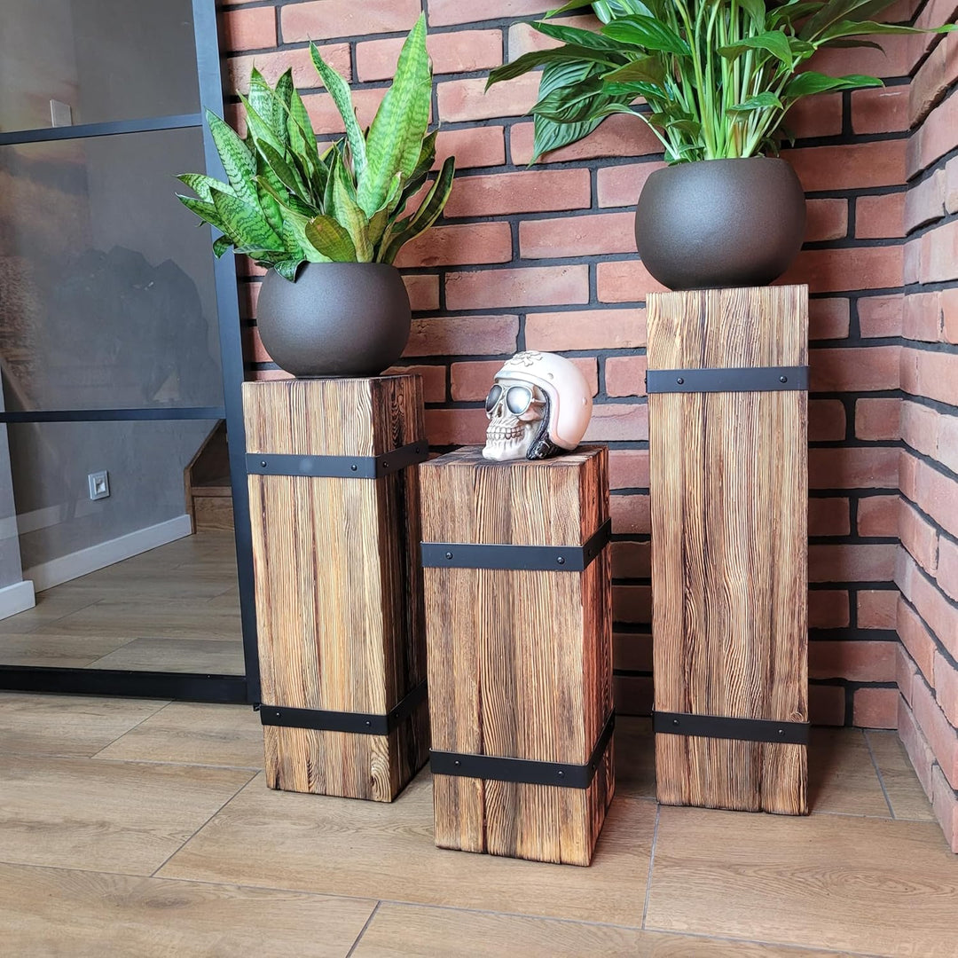 weeco Dekorative Holzsäule Set 3-tlg. – rustikale Sockel, Pflanzenständer und Dekosäulen, massives K