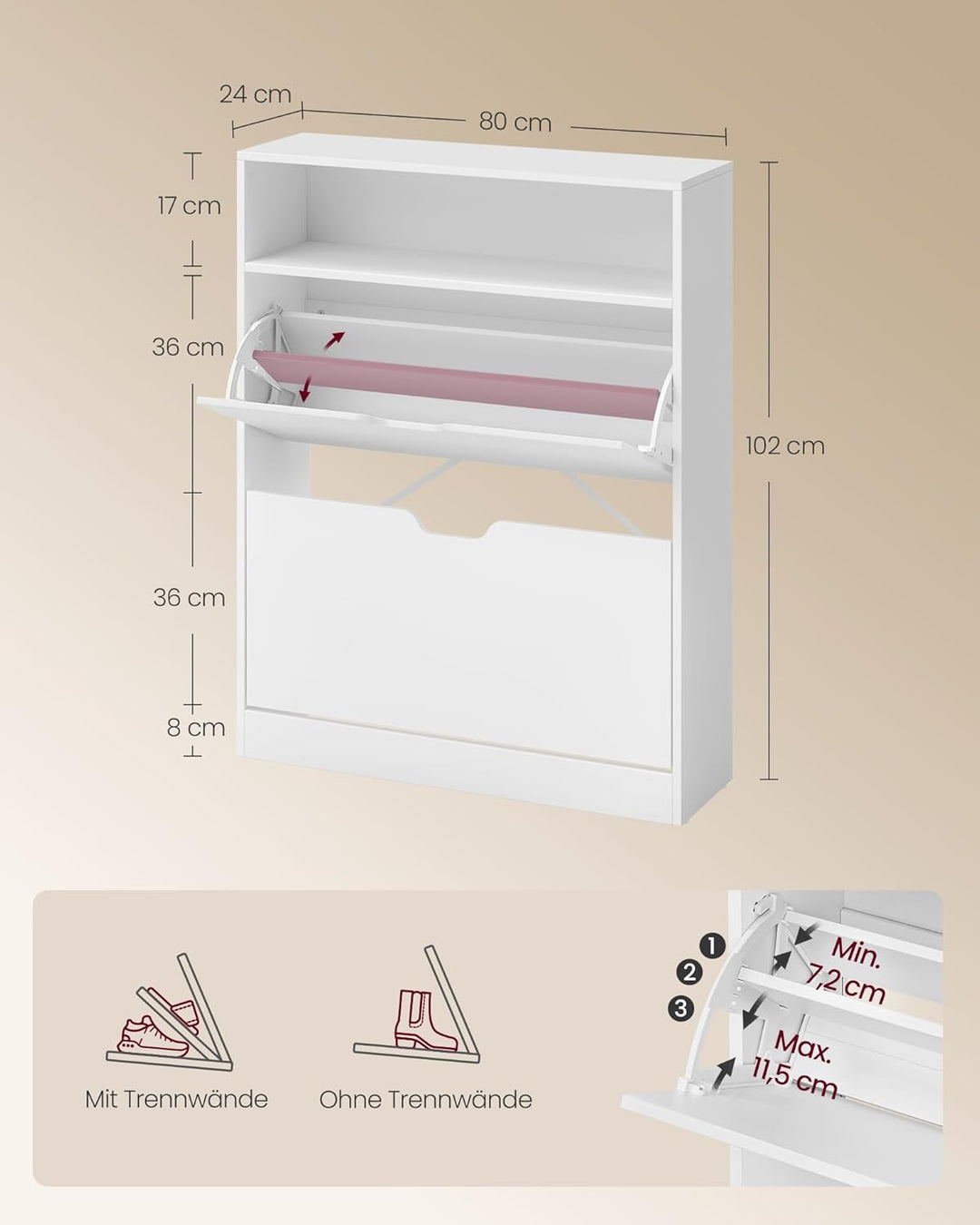 VASAGLE Schuhschrank 2 Klappen, Schuhkipper, Schuhregal, Schuhaufbewahrung, offenes Fach, Trennwand