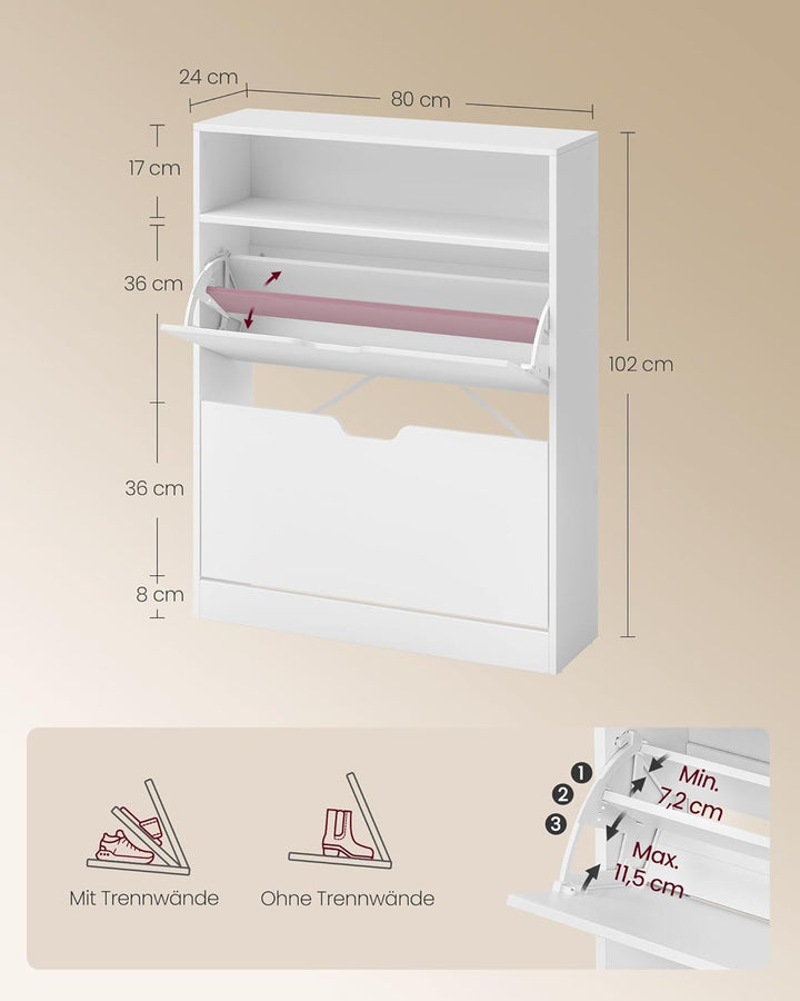 VASAGLE Schuhschrank 2 Klappen, Schuhkipper, Schuhregal, Schuhaufbewahrung, offenes Fach, Trennwand