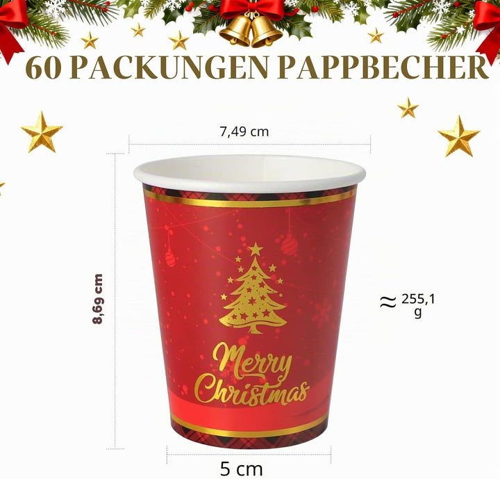 60 Stück Pappbecher WeihnachtsRot 9oz Party Tischdeko mit Weihnachtsbaum und Merry Christmas Muster,