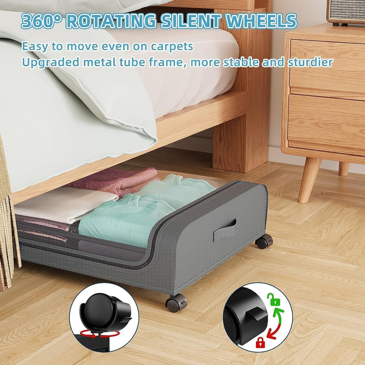 2 Stück Unterbettkommode mit Rollen,Aufbewahrungsbox mit Rollen 360° Drehung und Sichtfenster Deckel