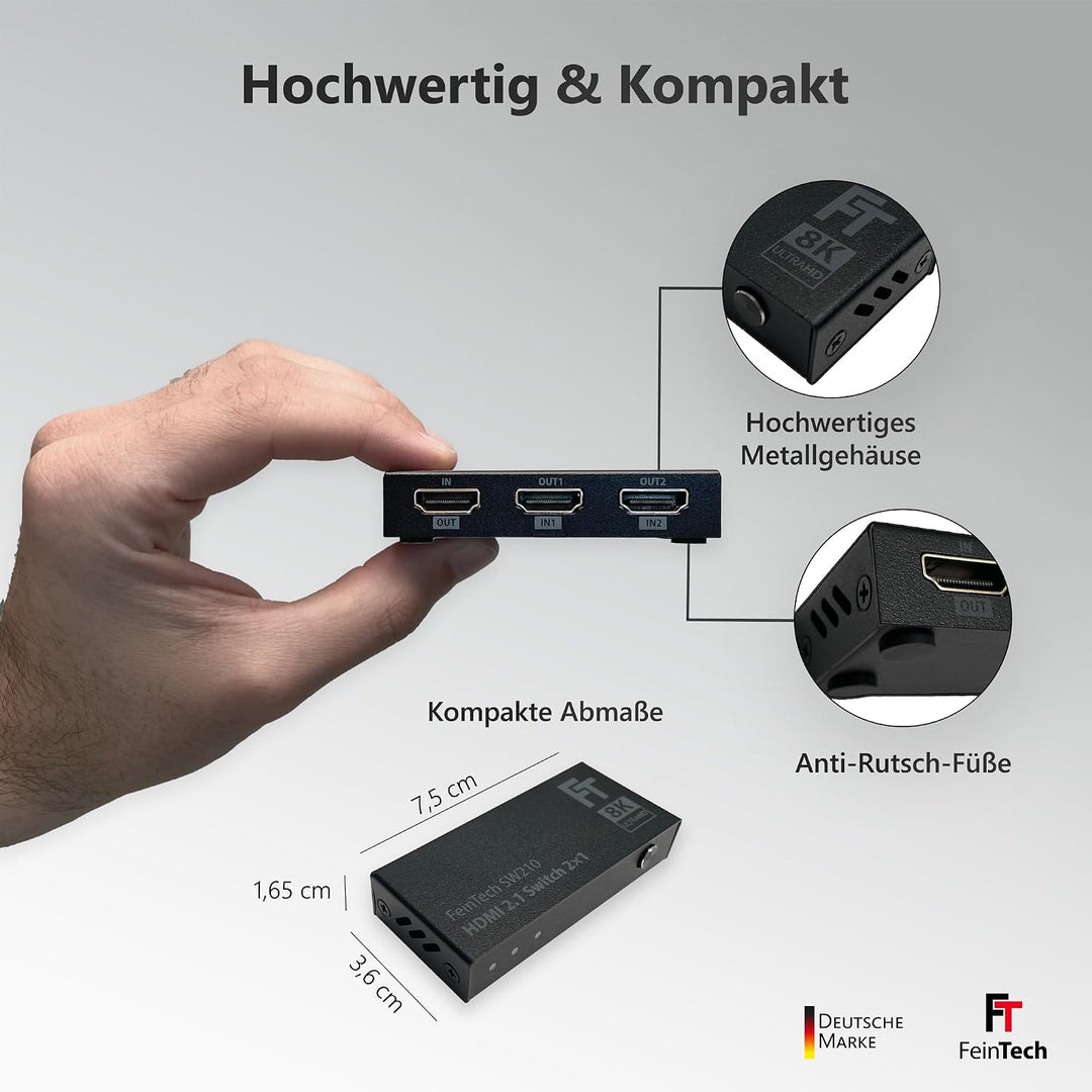 FeinTech SW210 HDMI Switch 4k 120Hz 2 In 1 Out oder 1 In 2 Out Bi-Direktional, 8K, 48Gbps, 2.1 Switc