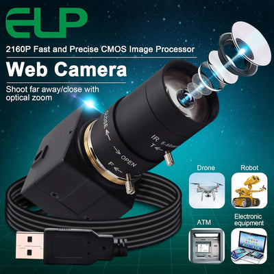 ELP 4K Webcam,2160P Zoom Web Kamera mit 5-50mm Manuell Objektiv,Variable Fokus Ultra HD Kamera,Plug