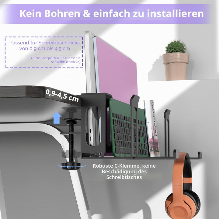 6 In 1 Schreibtisch Seitenaufbewahrung Ohne Bohrer Verstellbare Laptop Halterung, Zweilagig, Stahl,