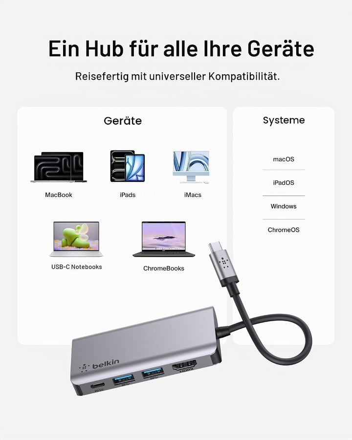 Belkin USB-C-4-in-1-MultiPort-Adapter (mit 4K-HDMI, USB-C, 100 W PD zum Laden per „Passthrough“, 2 U