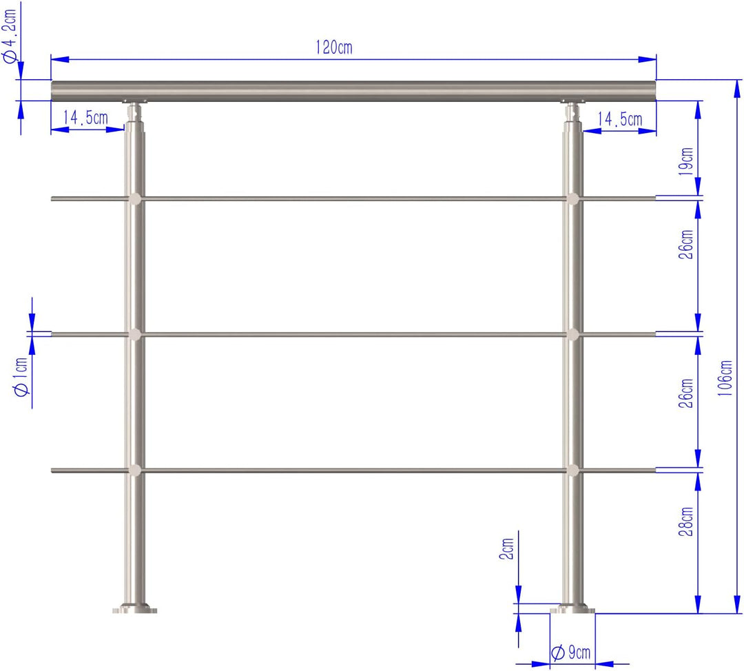 CAVATINY Edelstahl Handlauf Geländer für Treppen Brüstung Balkon mit 3 Querstreben - Innen und Ausse