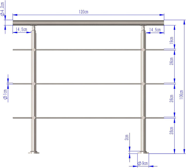 CAVATINY Edelstahl Handlauf Geländer für Treppen Brüstung Balkon mit 3 Querstreben - Innen und Ausse