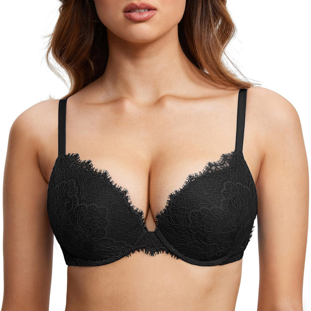 DOBREVA Damen Push Up BH mit Blumen Wimpern Spitze Sexy Bügel BHS Gepolstert 85D Schwarz, 85D Schwar