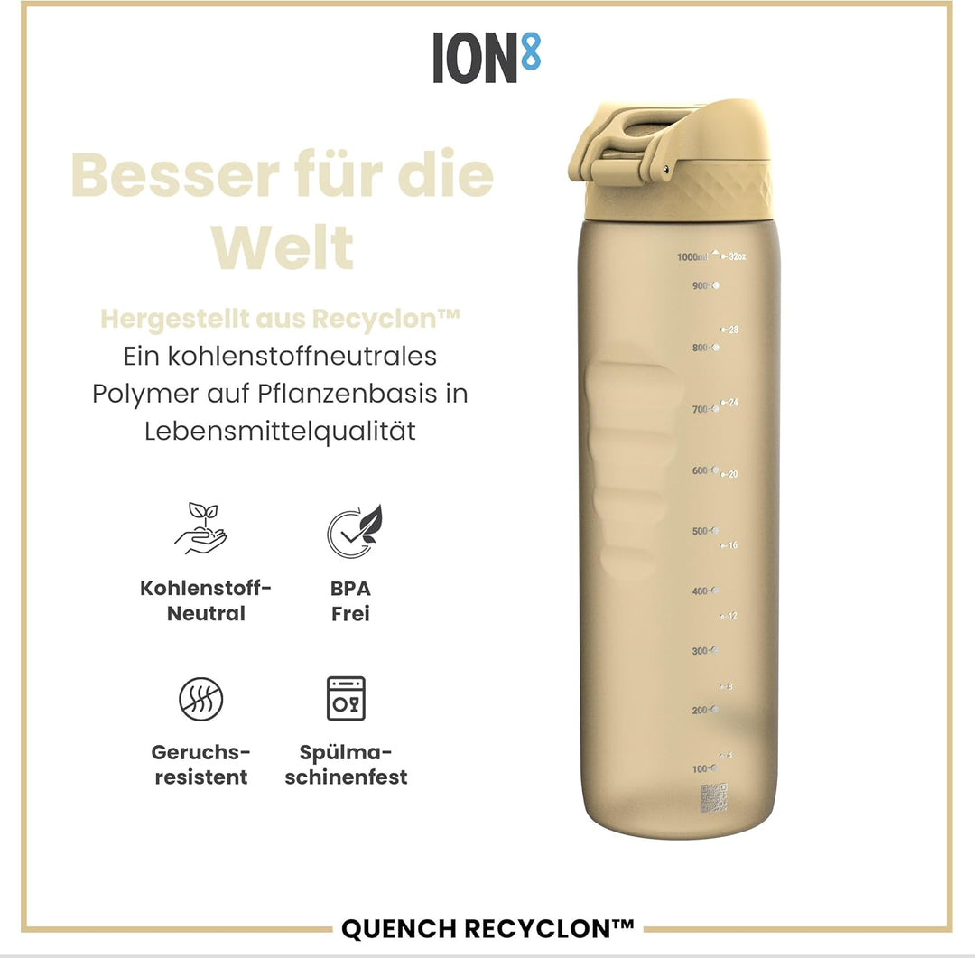 ION8 1 Liter Trinkflasche, 1000ml, Auslaufsicher, Einhandöffnung, Sichere Verriegelung, Spülmaschine
