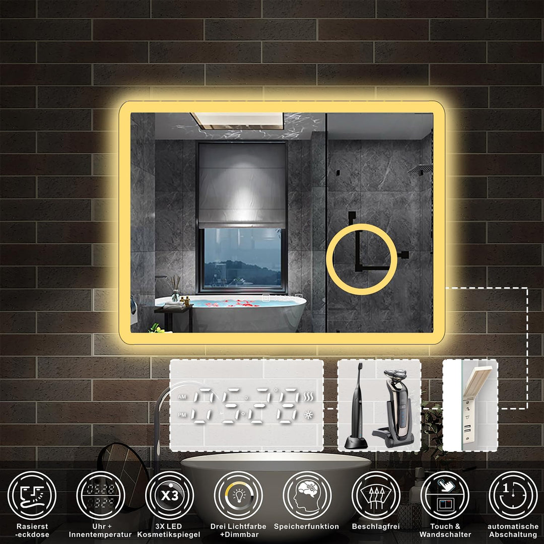 Aica Sanitär LED Badspiegel 70x50cm Uhr Steckdose Schminkspiegel 3 Lichtfarbe Wandspiegel mit dimmba