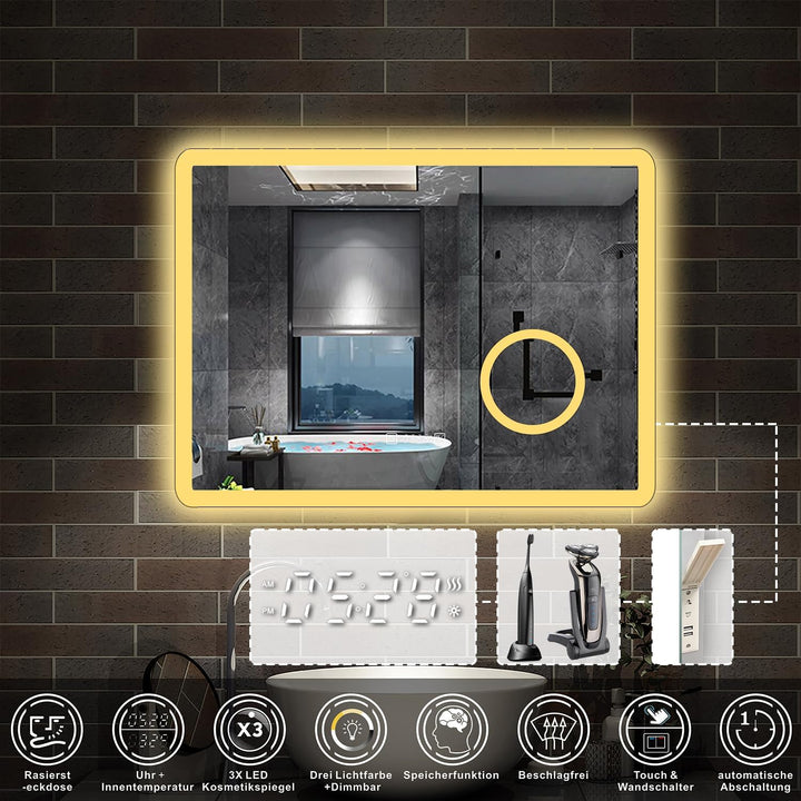 Aica Sanitär LED Badspiegel 70x50cm Uhr Steckdose Schminkspiegel 3 Lichtfarbe Wandspiegel mit dimmba