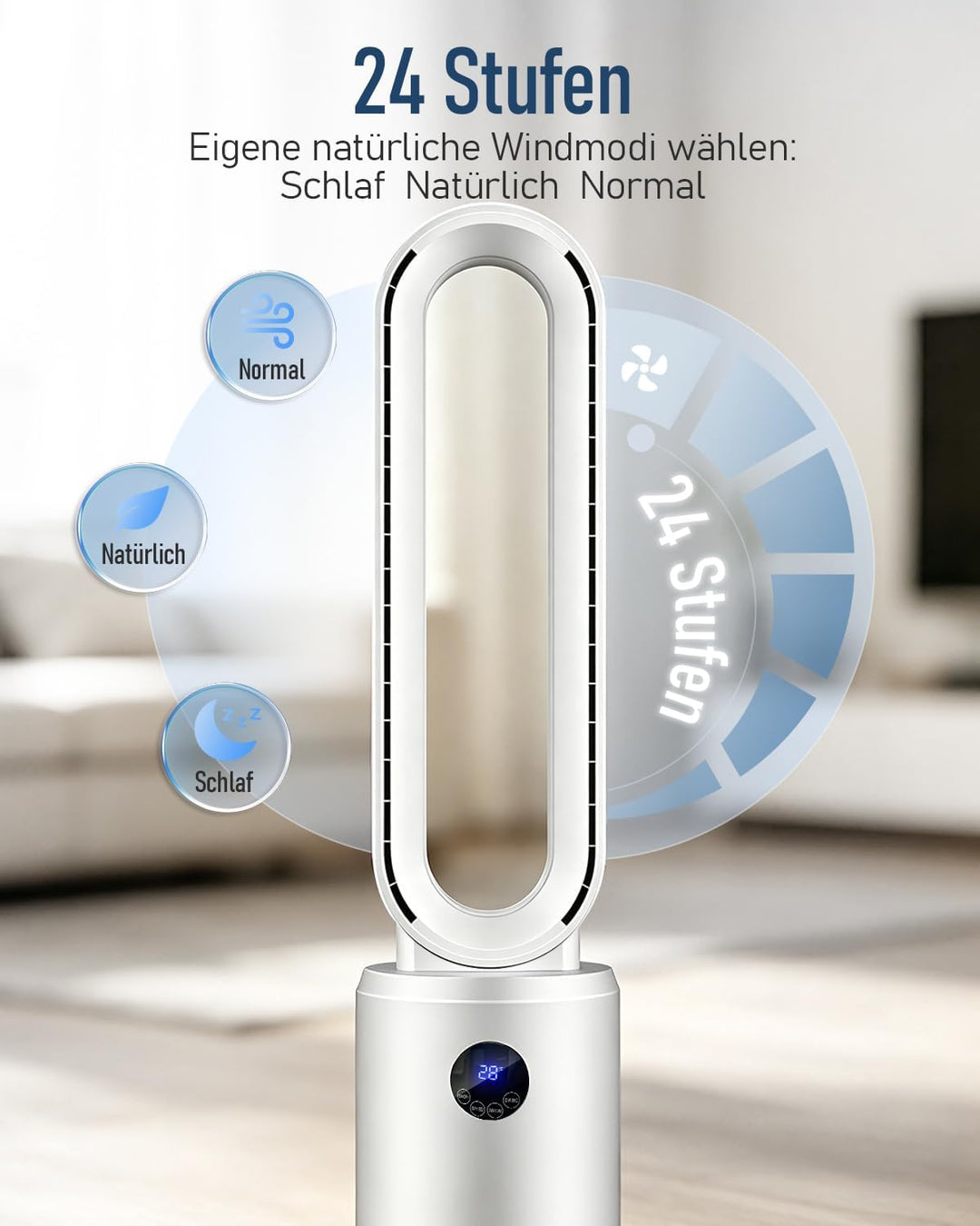 Rotorloser Ventilator, 24 Stufen Leiser Tischventilator mit Fernbedienung & 12h Timer, Energiesparen