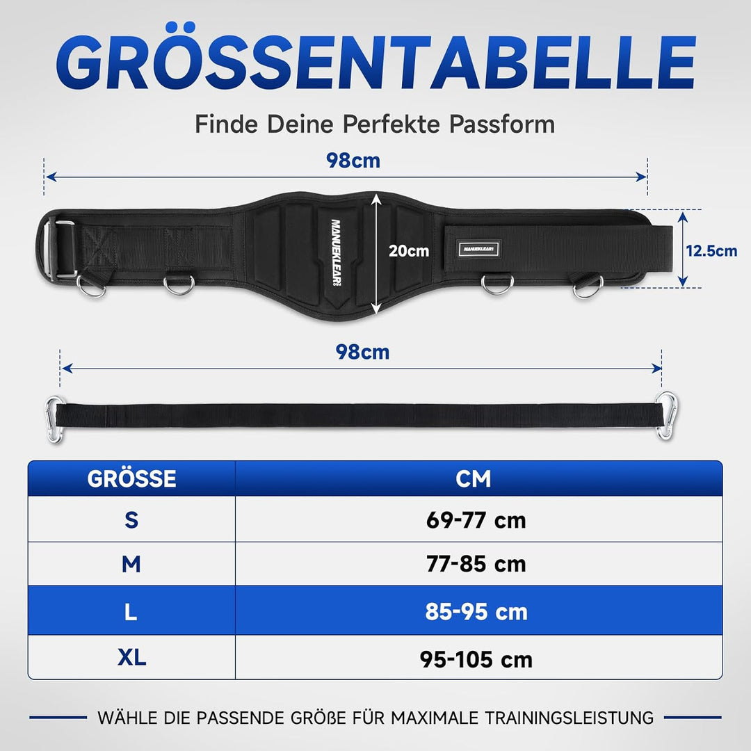 MANUEKLEAR 4-in-1 Gewichthebergürtel mit Rückenstütze, Dip-Gürtel inkl. 97,8 cm Seil für Gewichtskli