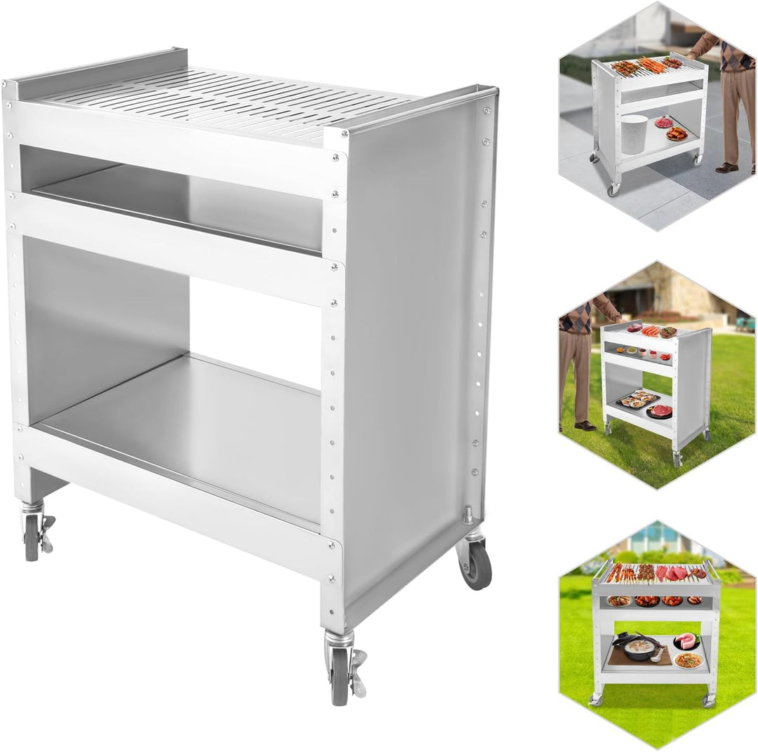 Edelstahl Grilltisch, Outdoor Grillwagen mit 3 Etagen, Grill Beistelltisch Outdoor, Grilltisch Rollw