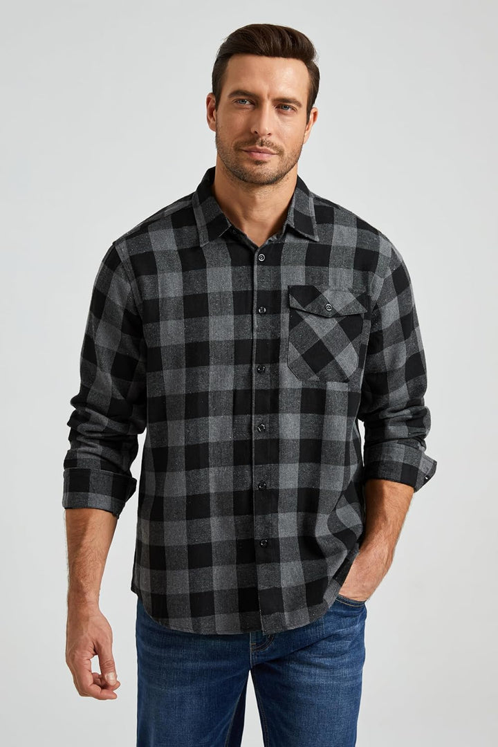HISDERN Flanellhemd Herren Karierte Hemden Herren Langarm Button Down Baumwolle Holzfällerhemd Regul