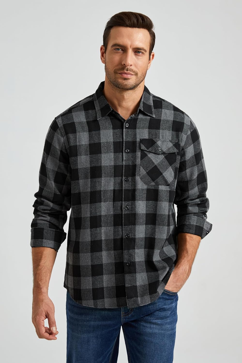 HISDERN Flanellhemd Herren Karierte Hemden Herren Langarm Button Down Baumwolle Holzfällerhemd Regul