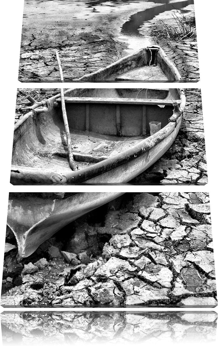 Pixxprint Monocrome, Boot im ausgetrockneten See 3-Teiler Leinwandbild 120x80 Bild auf Leinwand