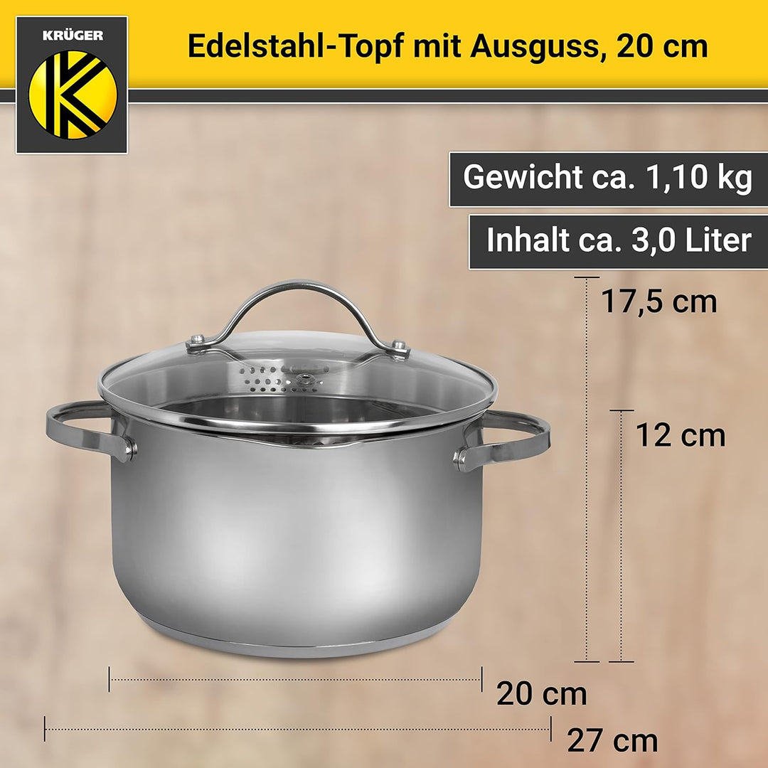 Krüger Edelstahl-Fleischtopf mit Ausguss - Kochtopf mit Ausgiesshilfen - mit Induktion - hitzebestän