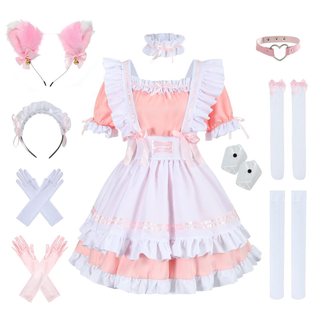 nbe - Niedliches Anime Französisch Dienstmädchenkleid mit 12-TLG. Kuchengarnitur, Herz-Choker-Kostüm