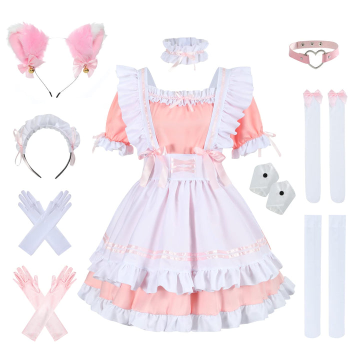 nbe - Niedliches Anime Französisch Dienstmädchenkleid mit 12-TLG. Kuchengarnitur, Herz-Choker-Kostüm