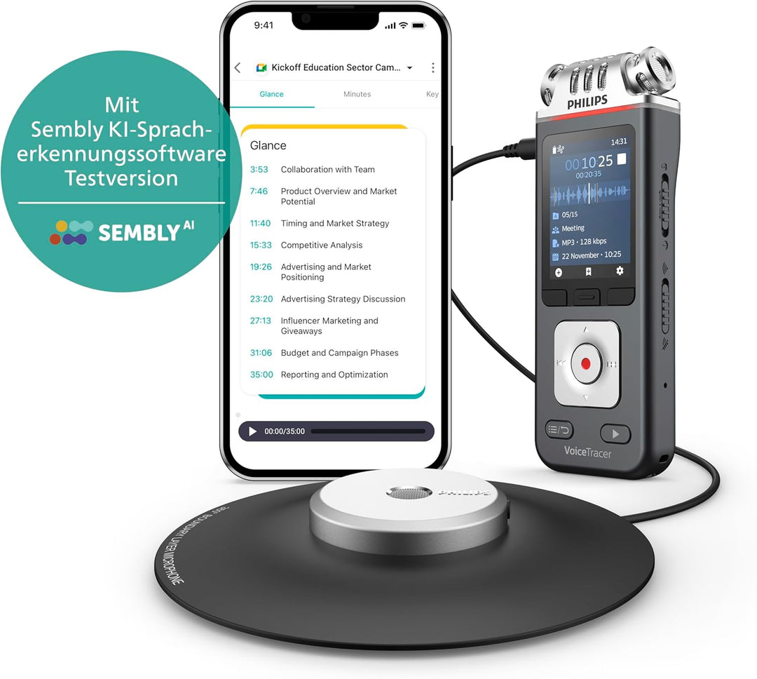 Philips DVT8115 VoiceTracer, Diktiergerät Aufnahmegerät, HiFi Meeting Mikrofon, hervorragende Meetin