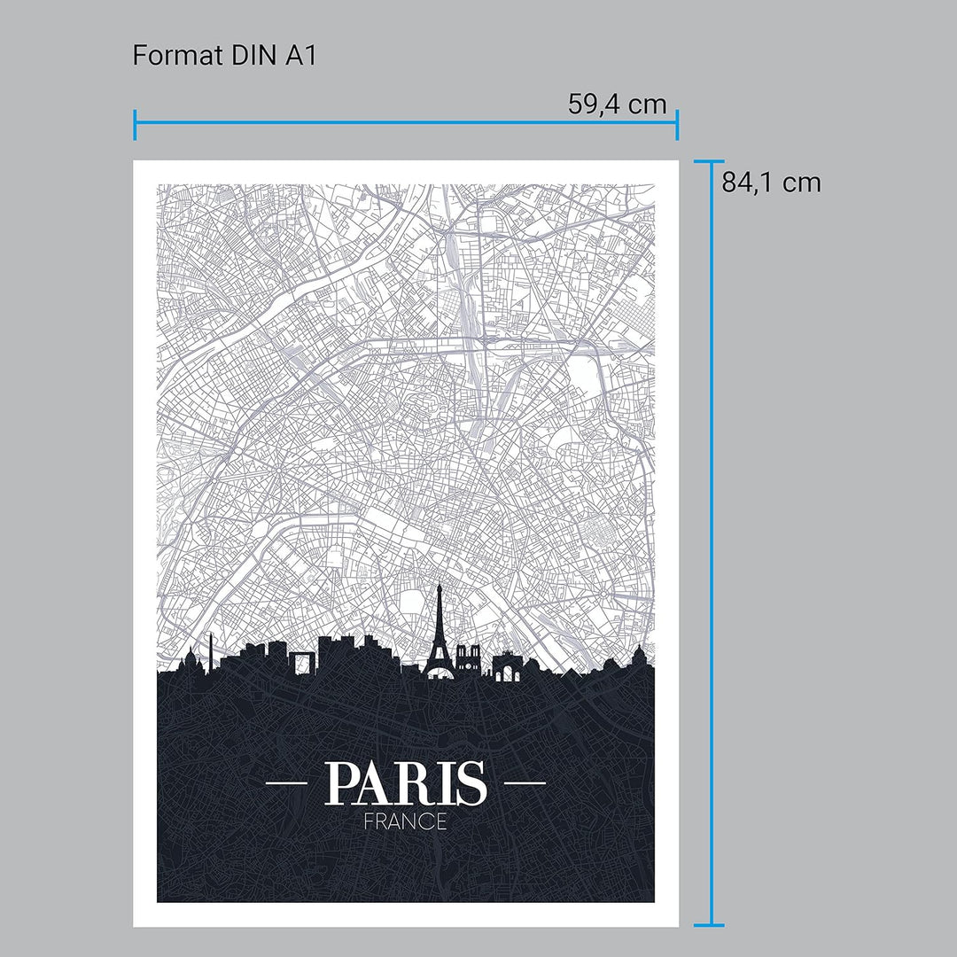 wandmotiv24 Poster als Wanddeko, Grösse Din A1, Strassen Karte Paris, Frankreich, Hauptstadt, Reisen