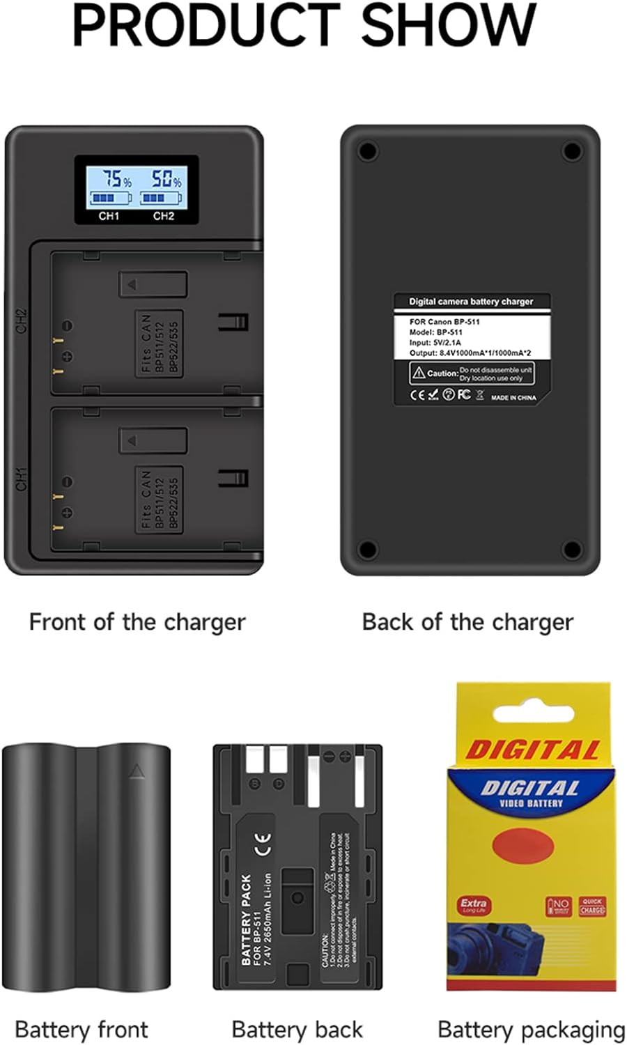CITYORK 2 Pack 2650mAh BP-511 Akku + Dual LCD USB Ladegerät für Canon BP-511 BP-511A Canon EOS 5D, 5