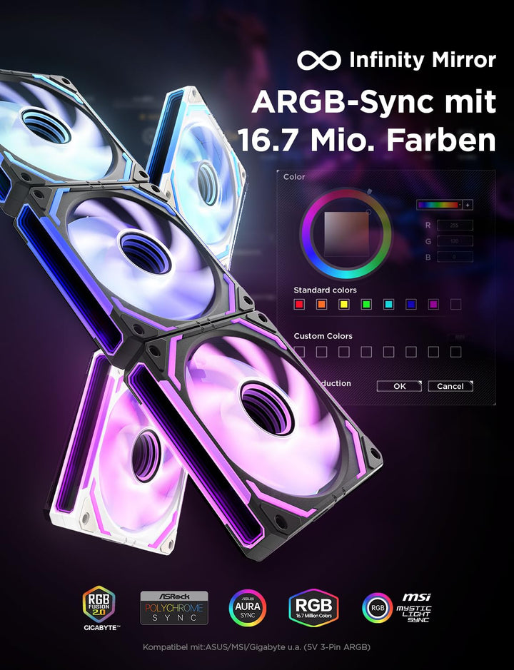 AsiaHorse COSMIQ RGB PC Lüfter 120MM Gehäuselüfter, ARGB Daisy Chain PC Lüfter [Infinity Mirror] [FD