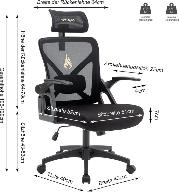 Symino Bürostuhl, Schreibtischstuhl, Drehstuhl Ergonomischer mit Verstellbarer Kopfstütze, Armlehnen