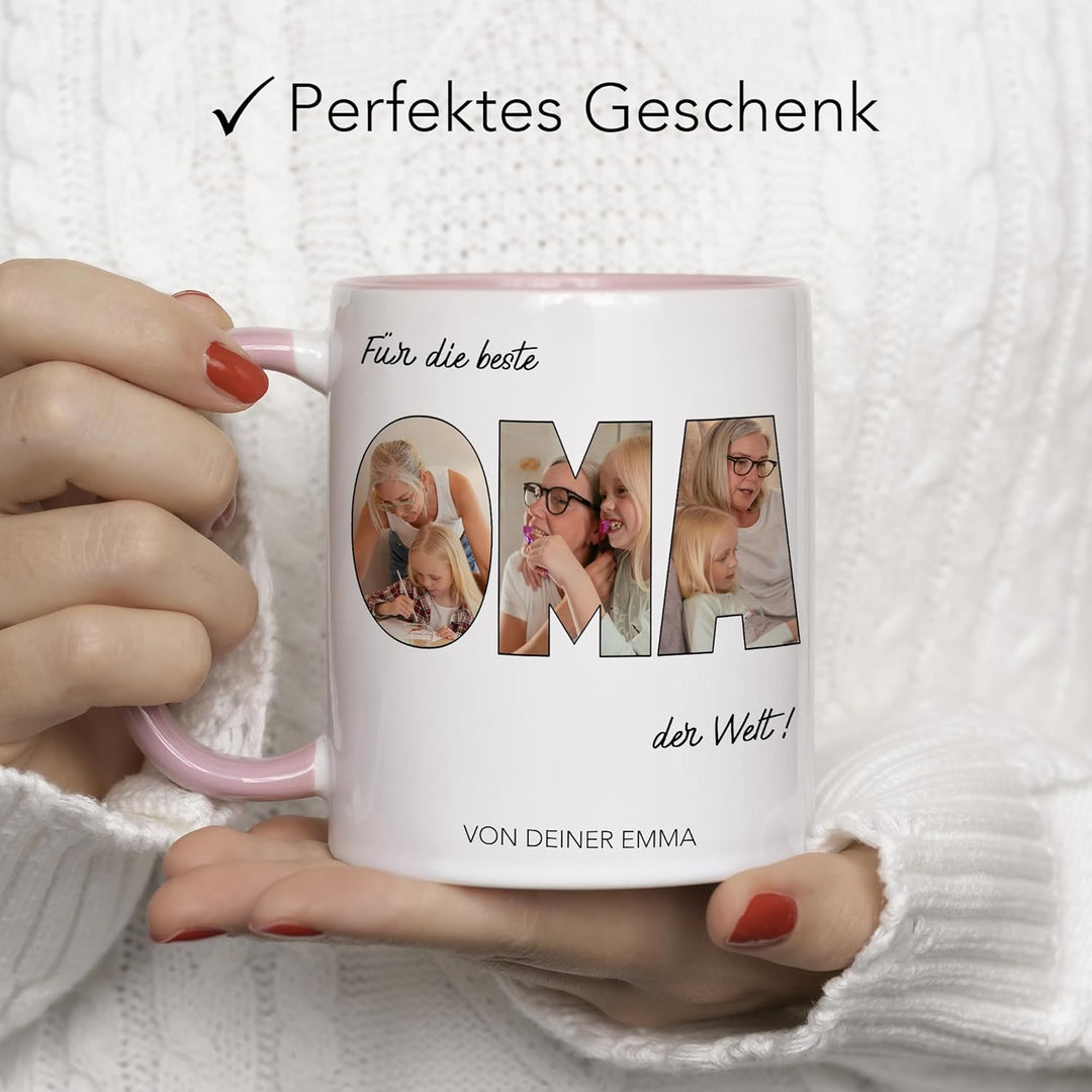 Oma Geschenk Tasse mit Foto, Personalisierte Fotogeschenke mit Enkelkinder, Beste Oma der Welt, Gros