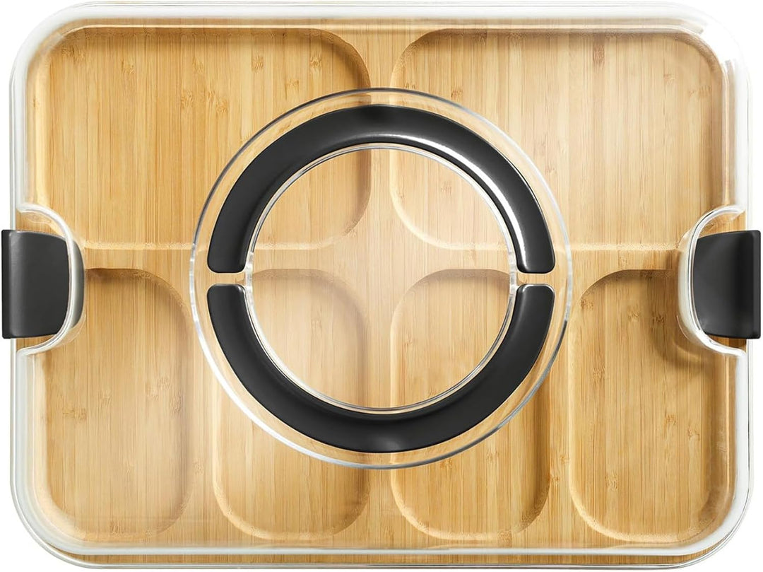 Wurstwarenbrett mit Deckel, 41, 9 x 33 cm Bamboo Charcuterie Boards mit klarem Deckelgriff, 6 Fächer