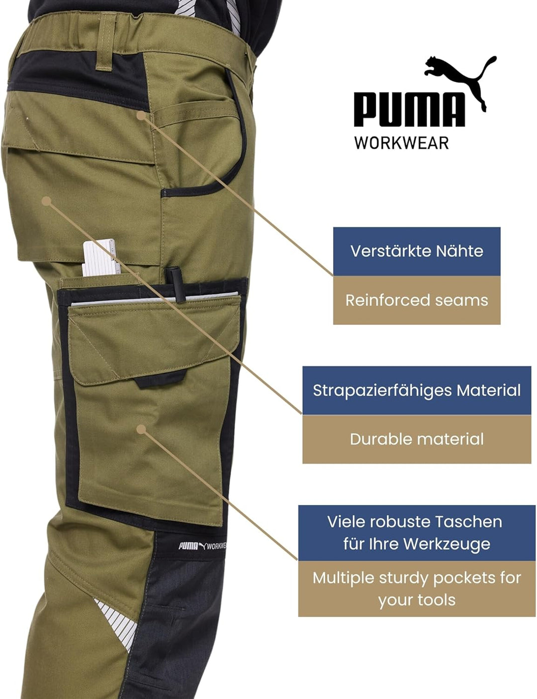 PUMA WORK WEAR Premium Arbeitshose mit vielen Taschen und extra verstärktem Nylon Gewebe 44 Grün/Sch