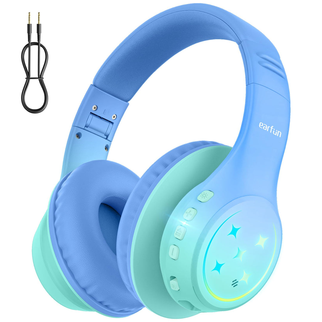 EarFun Bluetooth Kopfhörer Kinder, 5 LED Beleuchtungsmodi, und AUX Kabel | 74/85/94 dBA Lautstärkebe