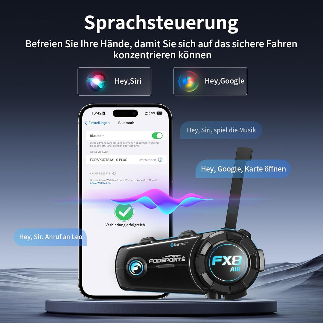 Fodsports FX8 AIR Motorrad Headset, Motorradhelm Headset für bis zu 6 Motorräder mit 1500m Reichweit