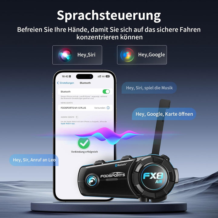 Fodsports FX8 AIR Motorrad Headset, Motorradhelm Headset für bis zu 6 Motorräder mit 1500m Reichweit