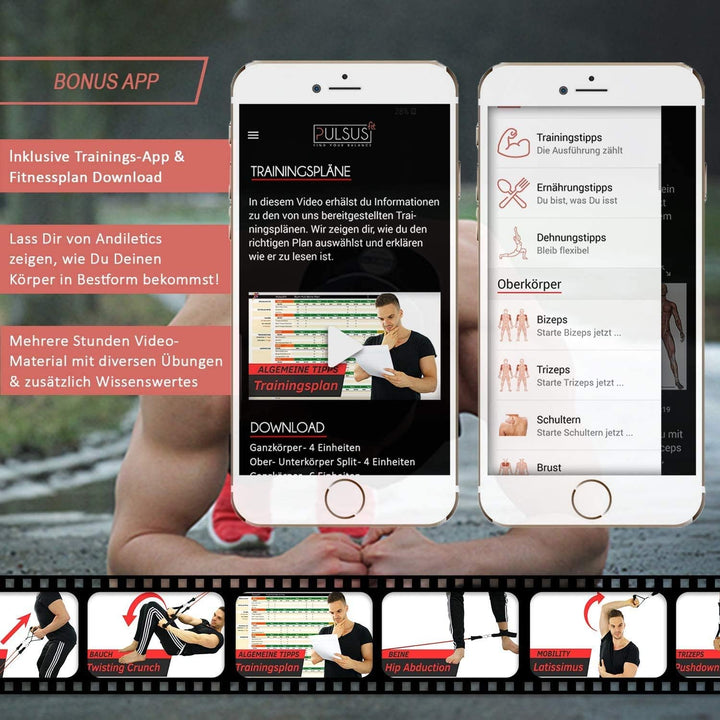 PULSUS fit Fitnessband Resistance Bands Set mit Übungsvideo App - Pro Expander Bänderset: 5 Widersta