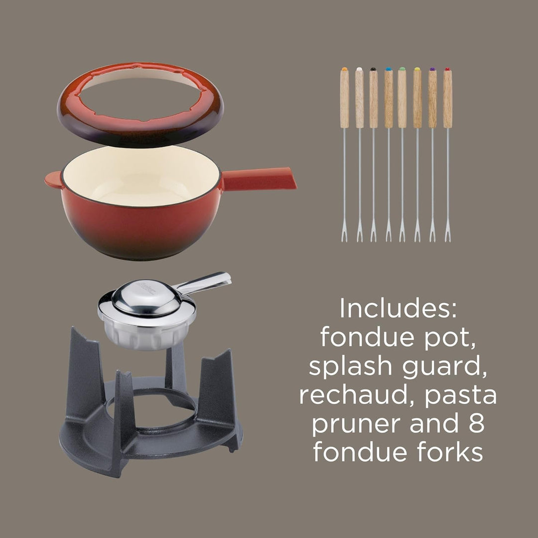 Spring Gusseisen Fondue Set rot | Ø 20 cm | mit 8 Fonduegabeln und Spritzschutz | für Käsefondue, Fl