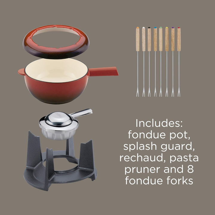 Spring Gusseisen Fondue Set rot | Ø 20 cm | mit 8 Fonduegabeln und Spritzschutz | für Käsefondue, Fl