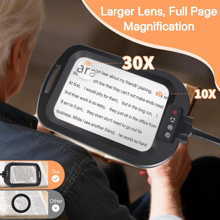 10X 30X Standlupe mit Licht und Ständer, 3 in 1 Lupenlampe mit 60 LED, Rechteckige Schwanenhals Lupe