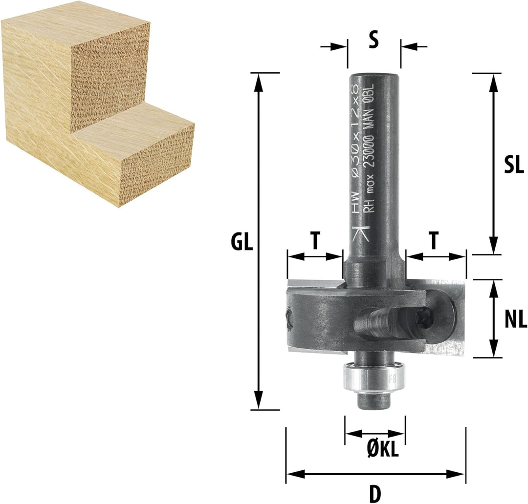 ENT 20310 Wendeplatten Falzfräser Schaft (S) 8 mm, Durchmesser (D) 30 mm, NL 12 mm, T 10 mm, GL 50 m